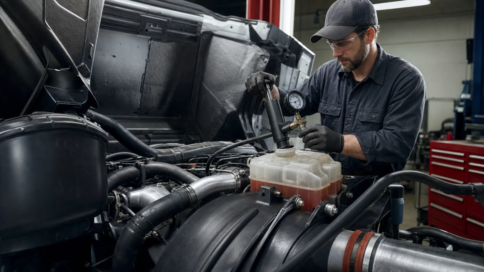Technician pressure-testing a diesel cooling system