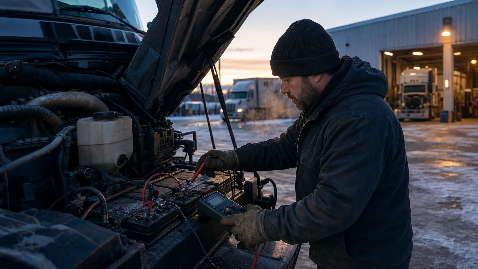 Technician testing diesel truck batteries