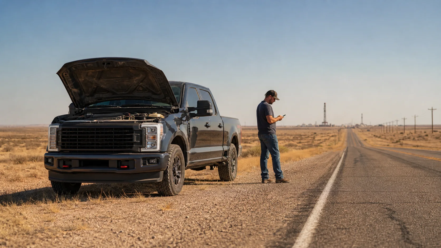 Diesel pickup safely parked off a West Texas road
