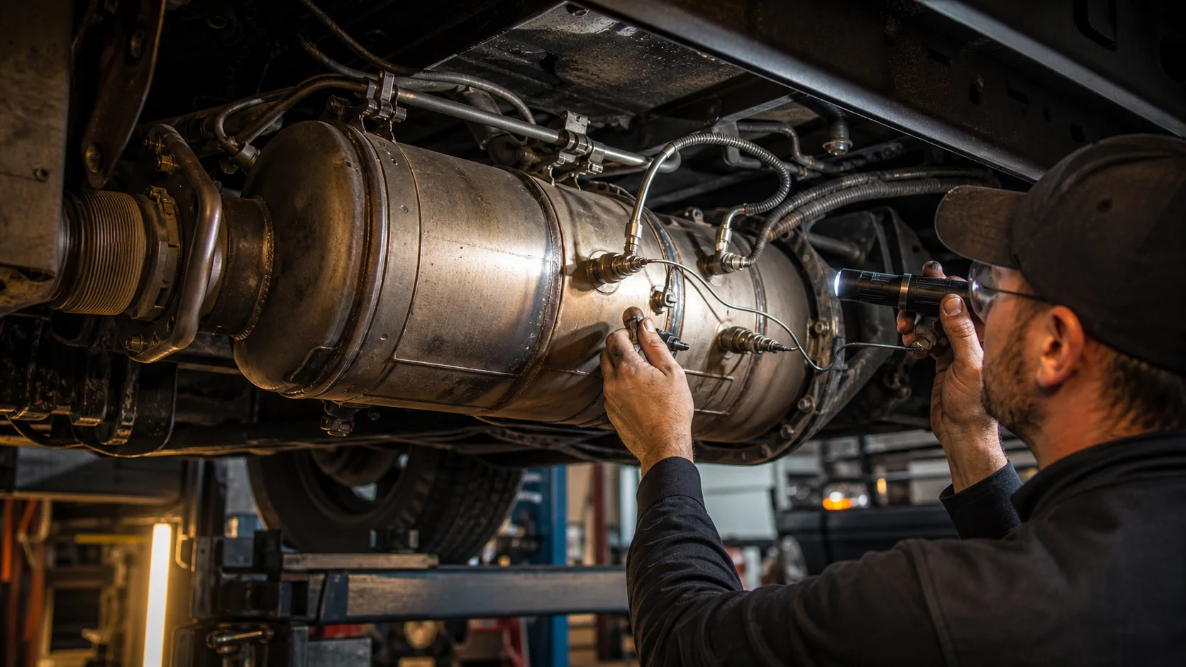 Technician inspecting diesel aftertreatment sensors
