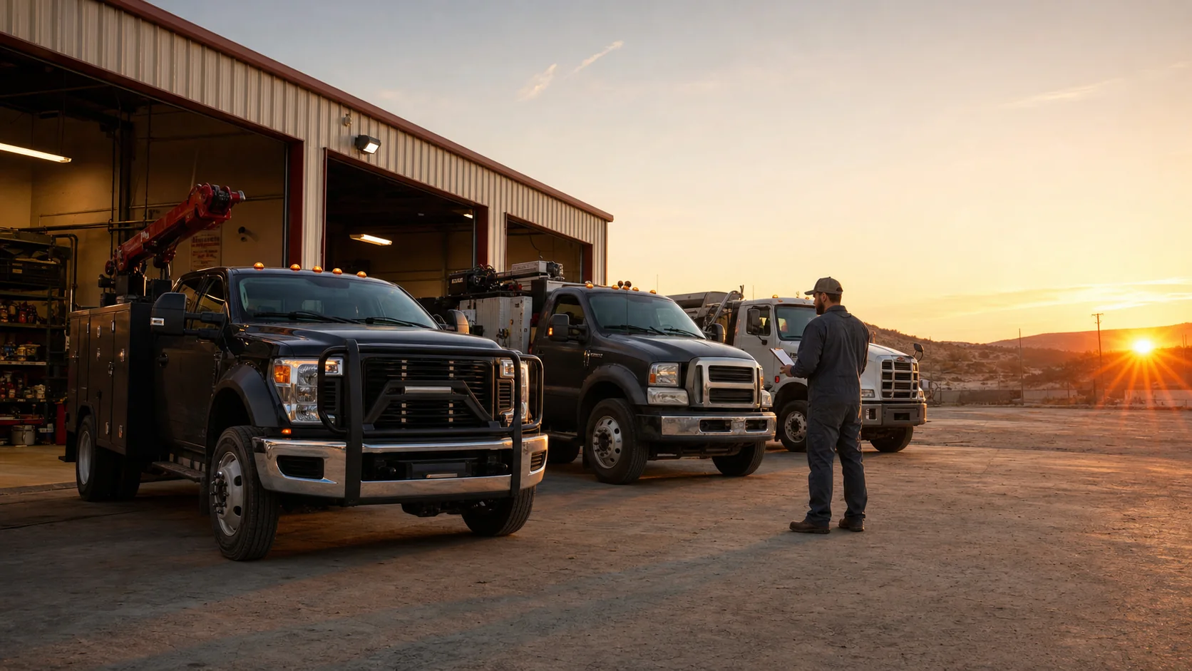 Technician inspecting a lineup of diesel fleet trucks