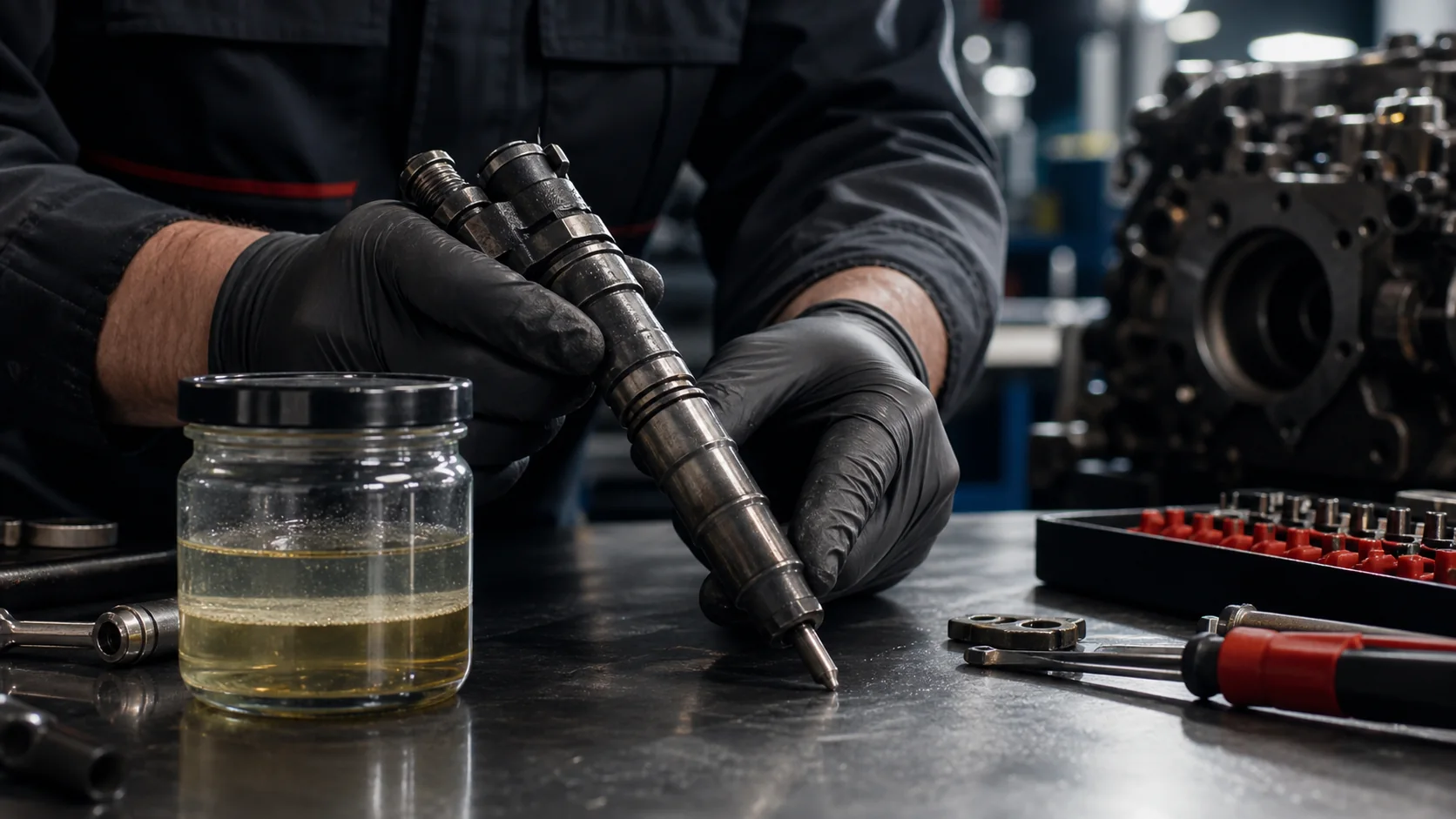 Technician inspecting a diesel injector and fuel sample