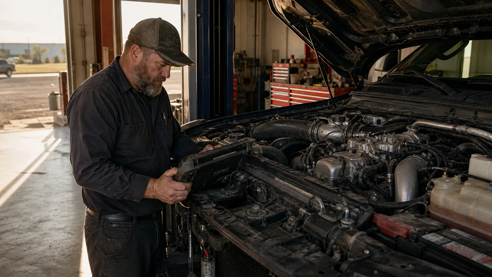 Diesel technician using a diagnostic scan tool