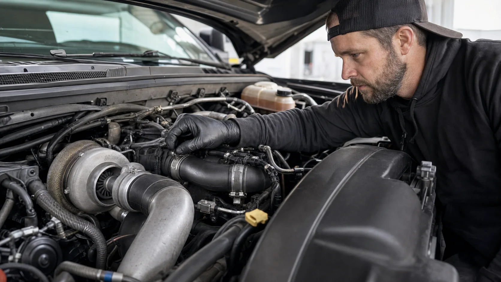 Technician inspecting diesel turbo and air piping