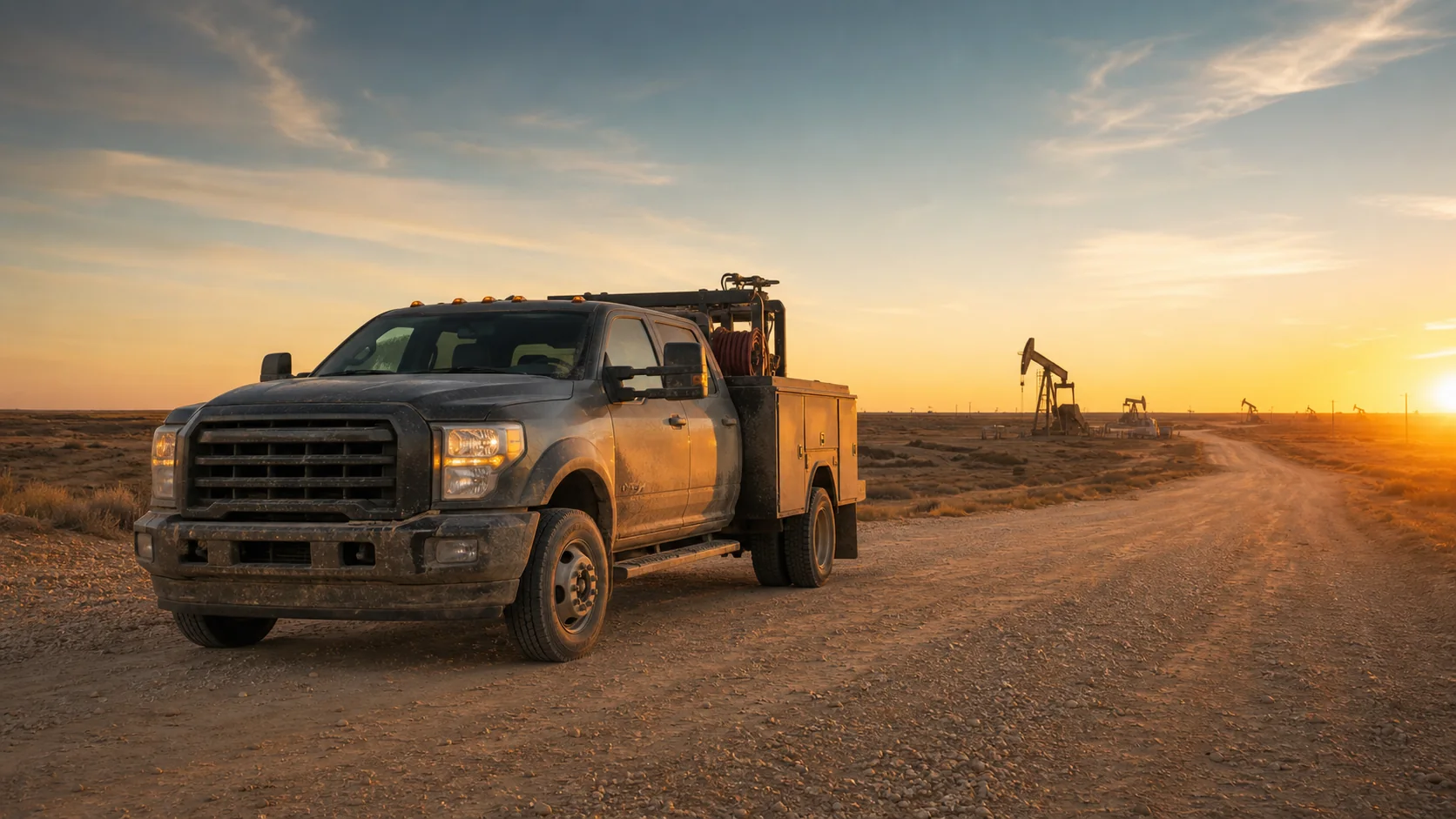 Diesel work truck on a West Texas oilfield road